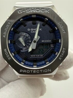 Brand New Casio G-Shock GM2100 Stainless Steel Bezel White Resign Band Blue Dial